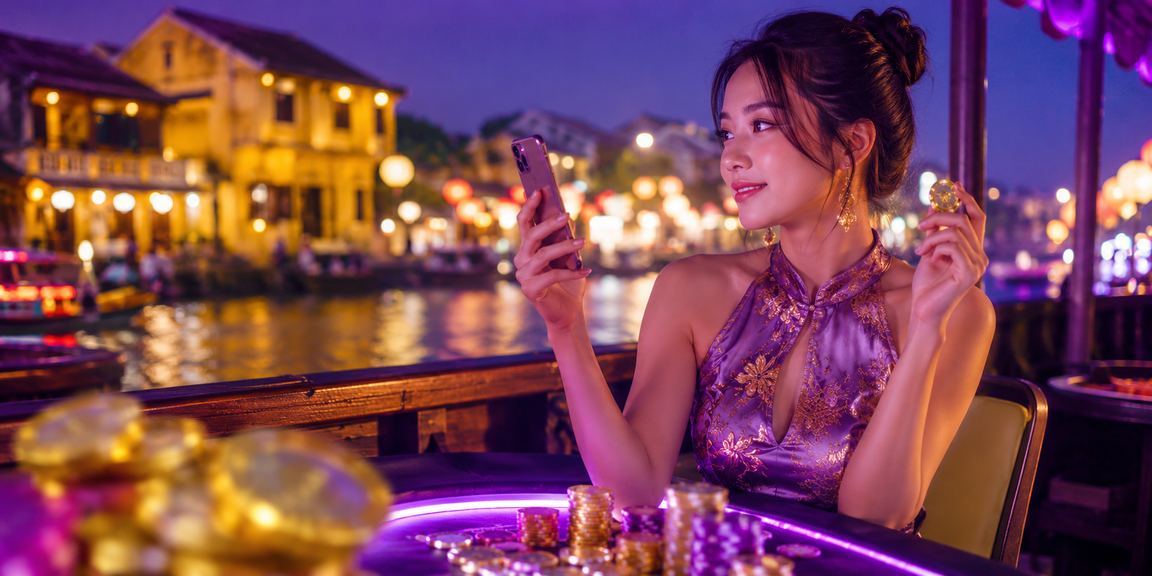 Người chơi tại Hội An tham gia trò chơi bài đêm với ánh đèn neon